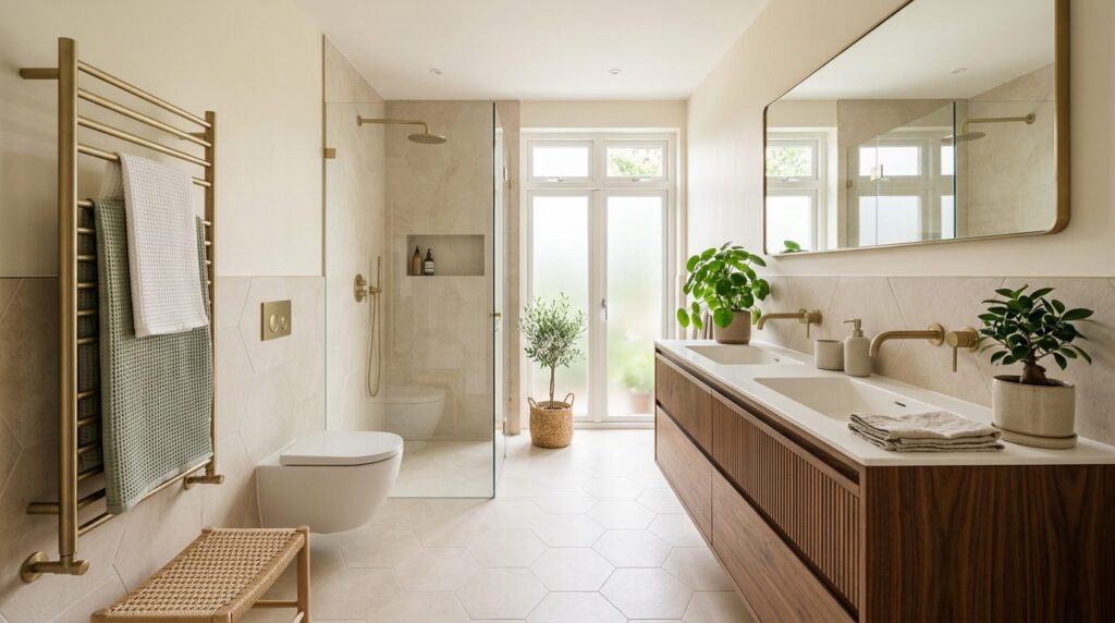 Modern bathroom renovation with walk-in shower, wood vanity, brass taps, large-format tiles by Total Renovation Company
