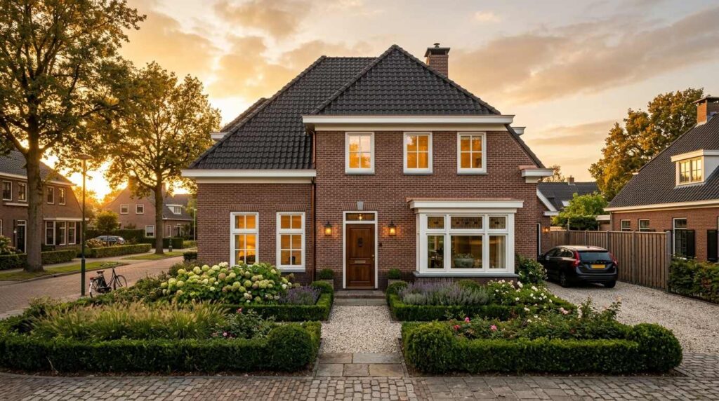 Renovated Dutch single-family home exterior with restored brick facade and modern garden